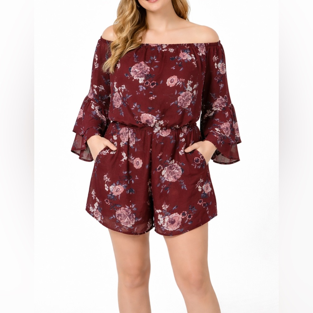 Forever 21 Floral Off Shoulder Romper Burgundy Bell Sleeve Shorts Size L EUC